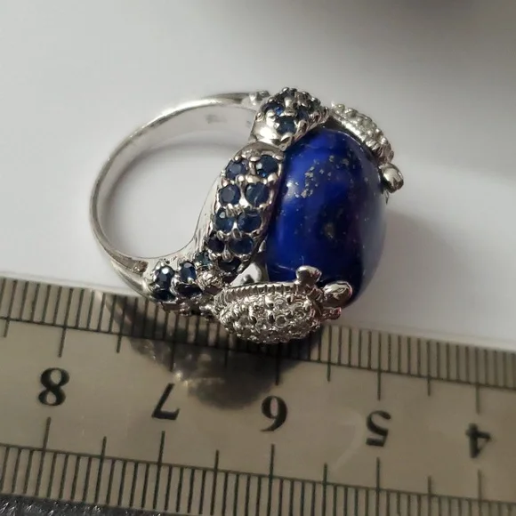 Sterling Silver 925 Lapis Lazuli Turtle Sapphire Halo Ring - Picture 8 of 10